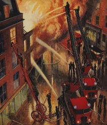 Brigada de bomberos en acción, Inglaterra, años 60
